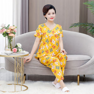 Bộ Đồ Ngủ Lụa Cotton Mùa Hè Cho Phụ Nữ Trung Niên Cỡ Lớn Bộ Đồ Ngủ Dài Tay Quần Dài Vải Cotton Nhân Tạo Mặc Nhà