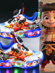 NaZha Lighting Boy Shoes 2025 Spring Autumn Model Leather Surface Waterproof Childrens Shoes Soft Bottom Breathable Boys Running Shoes