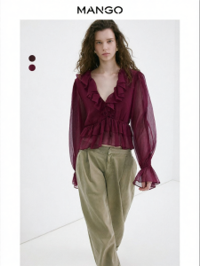 Mango | Bohemian Sheer Ruffled V-neck Womens Shirt