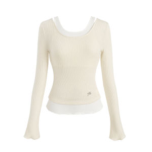 UNIFREE Long Sleeve T-Shirt Textured Collarbone in Waist Color Block High Fashion Casual Fit Spring Autumn Wear for Women