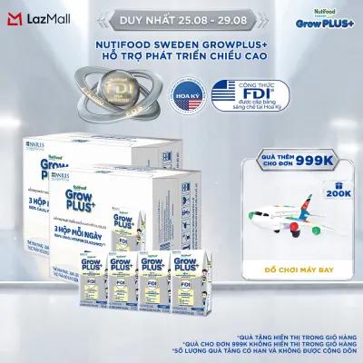 Combo 2 thùng Sữa Nước Pha Sẵn Nutifood Sweden GrowPLUS+ Cao lớn vượt trội - Hỗ trợ phát triển chiều cao - Trên 1 tuổi - 24 hộp x 110ml