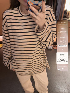 Antibacterial Seafood Stripe Loose Feeling Hanflax Cotton T-Shirt Casual Style Long Sleeve round Neck Regular Length Spring Womens Top