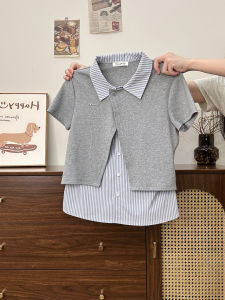 Slim Fit Polo Neck Short Sleeve T-Shirt Womens Japanese College Style Patchwork Fake Two-Piece Cotton Polyester Blend