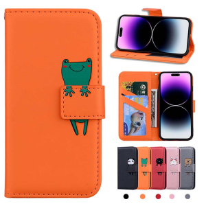 Luxury Leather Flip Phone Case For Samsung Galaxy S25 S24 Ultra Plus S24 FE Cute Cartoon Funny Frog Cat Rabbit Dog Wallet Stand Cover
