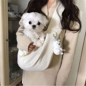 Korean Canvas Bag Teddy Pet Bag Crossbody Womens Shoulder Bag Bag with Cat Design Dog Cat out Portable Pocket
