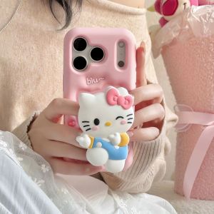 Sanrio | Cute Happy Hello Kitty Head Grip Tok Holder Phone Case For iPhone 17 16 15 14 13 12 Pro Max Plus 16e 17 Pro Cartoon Back Cover