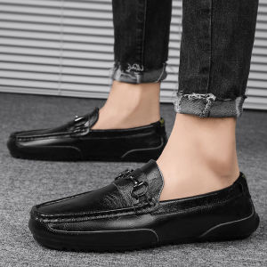 Mens Business Casual Loafers Autumn Winter Low Heel round Toe Rubber Outsole Leather Shoes Easy Wear Driving Comfortable