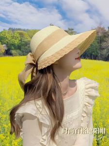 Womens Summer Straw Hat Large Brim Sunshade Beach Holiday Beach Sand Sun Hat Butterfly Knot Cool Hat round Top Cap Feifei