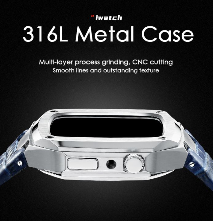 For apple Watch series band 44mm 45mm Luxury Metal Case Genuine  Leather Strap Mod Modification Kit Cover For apple watch series  SE
