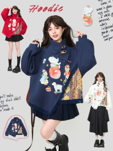 KEIKO | Áo Hoodie Nữ In Hình Sân Khấu Vải Flannel Phong Cách Trung Quốc Cắt Xéo Xếp Ly