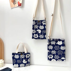 Japanese Style Canvas Bag Cat Walking Mini Mobile Phone Bag Handheld Crossbody Small Cloth Bag Cute Cat Design Functional Pouch