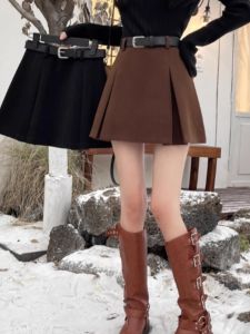 High Waist A-Line Mini Skirt Womens Woolen Wrap Bodycon Skirt Slimming Coffee Color Korean Style Commute Thickened Short Skirt