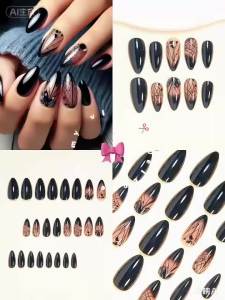 Medium fake nails for women girls gradient nude black flowers strips design Almond square shape full cover press on false nail