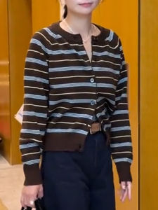 UYFY | เสื้อสเวตเตอร์ถักแขนยาวคอโปโลลายทางสำหรับผู้หญิง ทรงหลวม ลำลอง สไตล์ฤดูใบไม้ร่วง 2025 เสื้อตัวบนทรงเข้ารูป