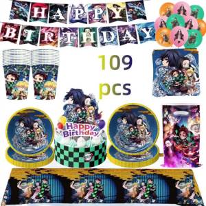 Kayou | Demon Slayer Birthday Party Decor Disposable Tableware Plates Cups Napkins Tablecloth Banner Balloons Kids Anime Party Supplies