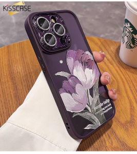 KISSCASE Oil Painting Tulips Clear Acrylic Painted Case For iPhone15 14ProMax Slim Plating Rose Floral Pattern With Glitter Diamond Lens Film Built-in Camera Protector For Apple15 14 13 12 11 Shell Shockproof Hard PC Case
