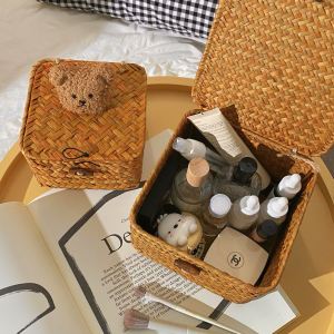 Cute Mini Bear Desktop Organizer Box Office Desk Supply Storage Basket Covered Square Woven Basket for Miscellaneous Items