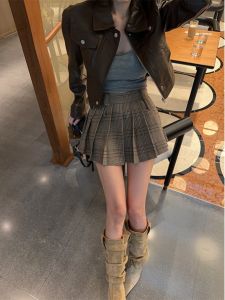 Matou A-Line Mini Skirt Womens Plaid Anti-Light Flattering Slimming High Waist Polyester Nylon Fiber Commute Style Short Skirt