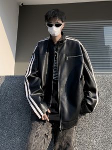 Street Black Motorcycle Clothing PU Leather Jacket Men Fancy Trendy Stripes Patchwork Maillard Brown Leather Coat