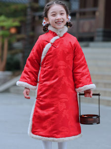 New Year Long Chinese Style Red Dress for Girls Knee-Length Cheongsam Festive Celebration Clothing Childrens Qipao Skirt
