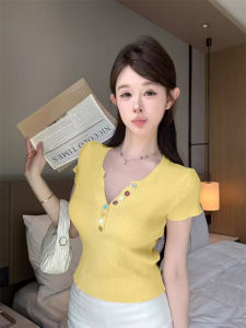GUZILIAN | Korean Style Sweet Colorful Button V-Neck Short Sleeve Womens T-Shirt Slimming Versatile Summer Top Fashion Sensation