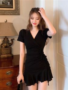 Váy Đuôi Cá Cổ Chữ V Màu Đen Thời Trang Mùa Hè Cho Nữ Váy Chữ a Ôm Sát Váy Ngắn Tay Chất Liệu Cotton Pha Trộn Thiết Kế Đơn Giản