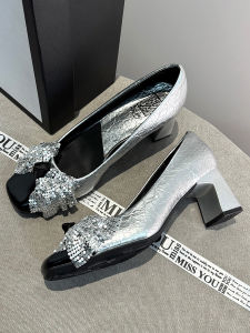 Silver Elegance Butterfly Knot Slip-On Womens Shoes Spring 2025 French Splicing Square Head High Heels Thick Heel Fashion