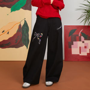 HHCH Original Design Vintage Color Block Butterfly Knot Pattern Embroidery Accordion Pleat Loose Straight Leg Long Pants