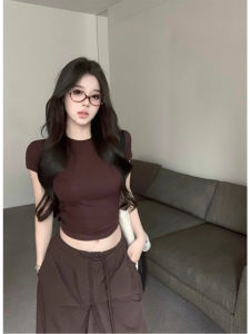 Retro Style Womens Short Sleeve round Neck T-Shirt Summer Slim Fit Belly Button Baring High Waist Short Length Casual Top