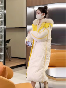 แจ็คเก็ตขนเป็ดหนาสำหรับผู้หญิง ทรงยาวปานกลาง ทรงหลวม แขนยาว ปกติ ฤดูหนาว 2024 แจ็คเก็ตขนเป็ดแบบมีฮู้ดสองด้านสีเหลืองและสีขาว