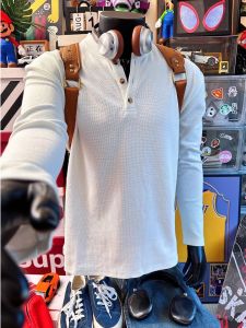 Cleanfit White Knitted Long Sleeve T-Shirt ทรงหลวม ปกโปโล แขนยาว ทรงหลวม สำหรับผู้ชาย ฤดูใบไม้ร่วง 2025 ทรงหลวม ปกโปโล