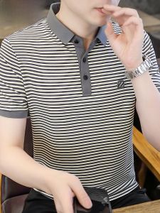 HENGYUANXIANG | Hengyuanxiang Mens Stripe POLO Shirt Short Sleeve Ice Silk Summer Fashionable City Style Half Sleeve T-Shirt Cool Feeling