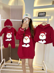 Christmas Themed Family Matching Fleece Lined Hoodies Red Autumn Winter Kids And Parents Outfits Three Generations Warm Clothes