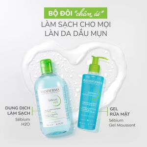 Bộ nước tẩy trang và làm sạch cho da dầu mụn Bioderma Sebium H2O 500ml và Gel rửa mặt 400ml