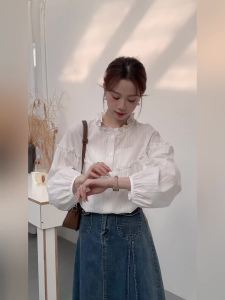 AMMIN 2025 Spring and Autumn new sweet wooden ear edge stand collar long sleeve commuter chiffon shirt woman Korean style three-dimensional embroidery floral puffed sleeve elegant blouse