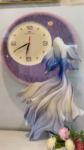 (ẢNH CHỤP) Tranh đồng hồ đèn led vũ điệu cá chép thu hút tài lộc kèm đinh quà tặng