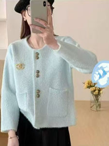 Short Knitted Mink Jacket Womens Korean Style Loose Cardigan Small Fragrance Style Autumn Fashion Commute Wind Outerwear