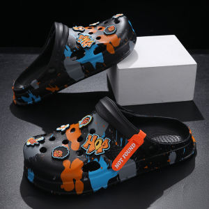 Mens Summer Outdoor Casual Beach Wear Holes Slippers Anti-Slip Soft Bottom Graffiti Fashion Trend Head Covered Slippers