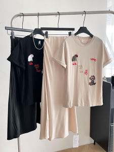 Elegant Cartoon Embroidery Short Sleeve Thin Top Summer Outfit Women Slim Fit Half Skirt Fashionable Polyester Two-Piece Set