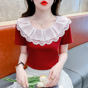 Yimei màu tương phản ren lưới áo thun tay ngắn cho phụ nữ 2024 Mới Mùa Hè Thích hợp thiết kế độc đáo Áo đỏ bông