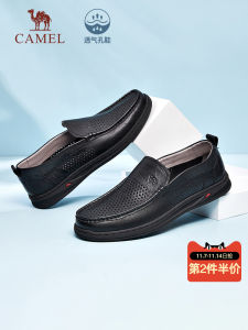 Camel Mens Shoes 2025 Winter Genuine Leather Soft Bottom Comfortable Slip-On Business Casual Bean Bean Shoes Gift for Father