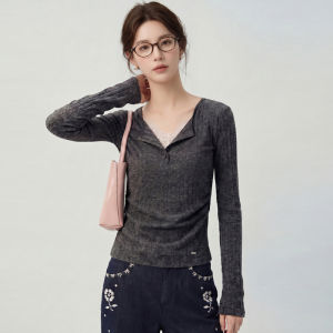 Fake Two-Piece Lace Splicing Waist-Tightening Slim Long Sleeve T-Shirt