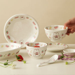 Blue Lotus Home Jasmine Rabbit Strawberry Bowl Cute Young Adult Heart Ceramic Soup Bowl For Home Internet Celebrity Bowl Plate Creative Tableware