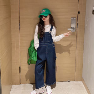 ชุดจั๊มเปอร์แบบลำลองสำหรับเด็กผู้หญิง สำหรับเด็กชุดเอี๊ยมกางเกงกางเกงยีนส์ กระเป๋าสวมใส่ทุกวัน สีฟ้า 5-14ปี