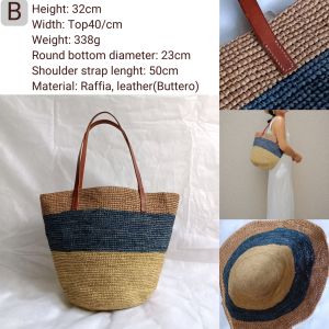DaVee Handmade woven straw tote bag raffia straw bucket bag shopping bag beach bag with leather handles and striped patterns.