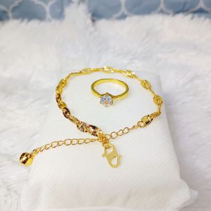 Titani.id Acc-1626 Aksesoris wanita satu set gelang Nuri ukir+ cincin mata satu titanium gold anti karat