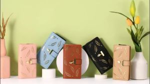 Womens Long Leaf Bifold Wallet Leather Card Holder Purse Zipper Buckle Elegant Clutch Wallet Handbag for Women