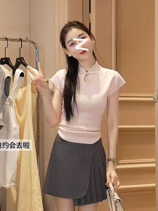 Elegant Ice Silk Knitted Top with Belt Summer New Style Thin Stand Collar Womens Fashion Polyester Fiber No Sleeve Straight Cut