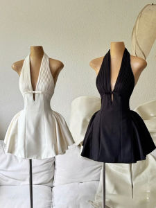 French Elegant V-Neck Bow Tie Halter Dress Waist Cinching Slimming