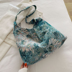 Fashionable Womens Tote Bag Underarm Large Capacity Canvas Shoulder Bag with Zipper for Autumn Winter Casual Plant Floral Print